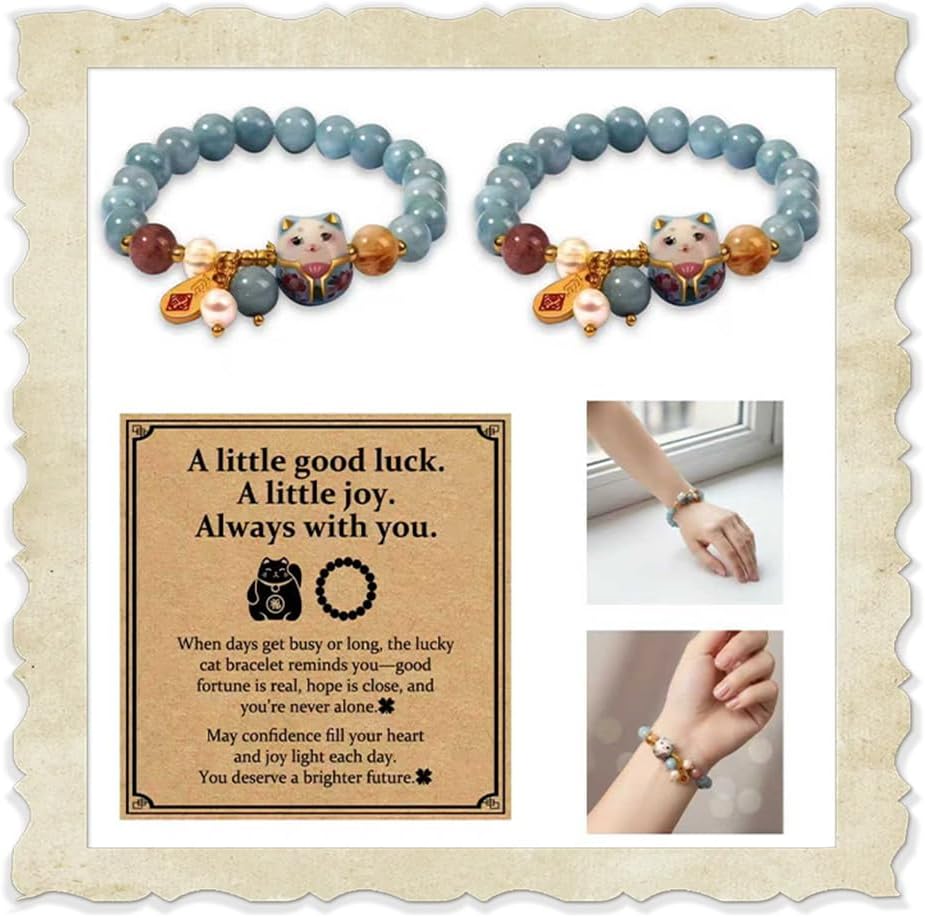 2Pcs Lucky Cat Bracelet for Women Blue Crystal Beads & Hand-Painted Ceramic Cat Charm A Symbolic Gift of Good Luck Protection Wealth and New Beginnings Meaningful Accessory for Mother’s Day
