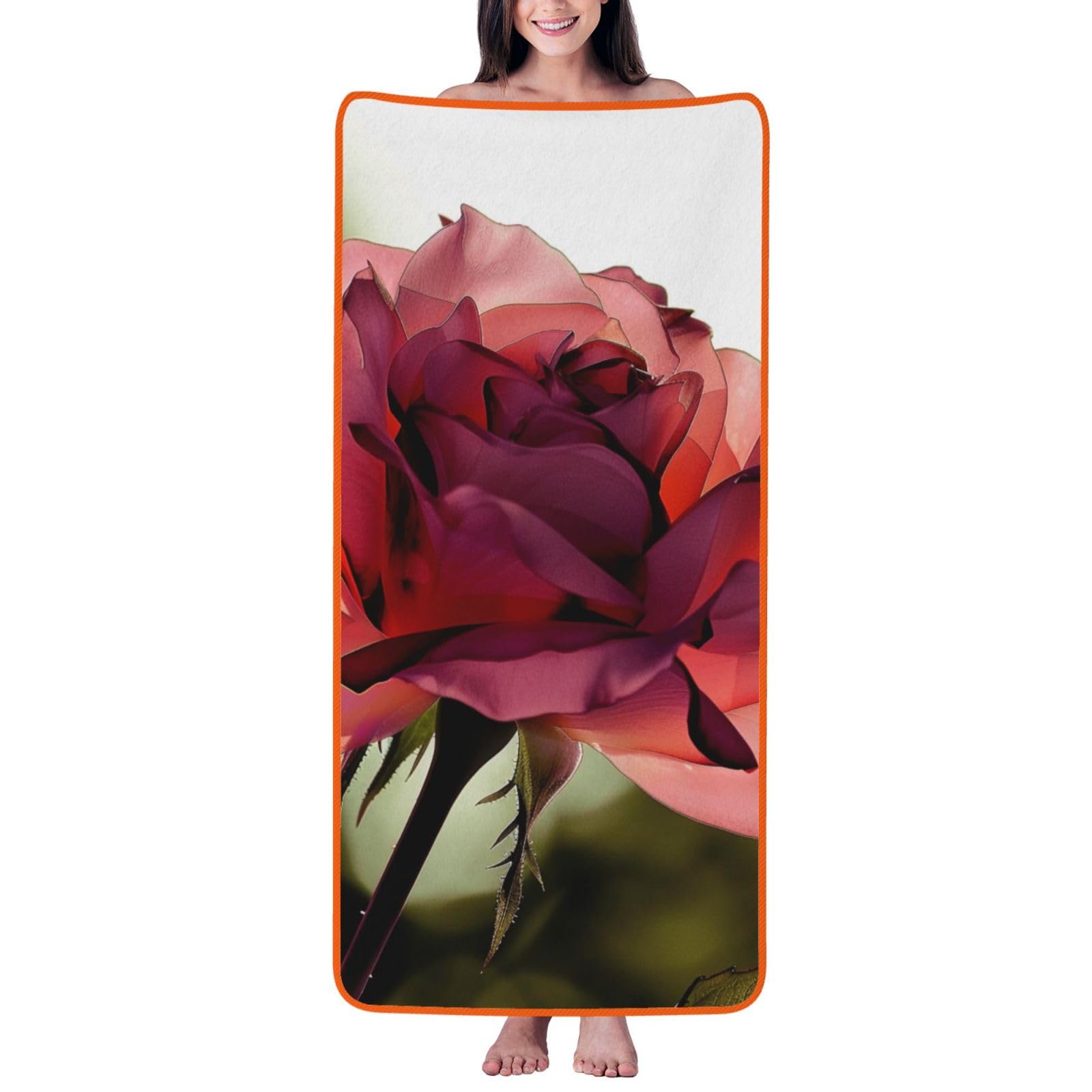 WPKJU Rose Flower Printed Bath Towel with Orange Edging - 27x55 in Soft Extra Absorbent Coral Velvet Shower Towels for Bathroom