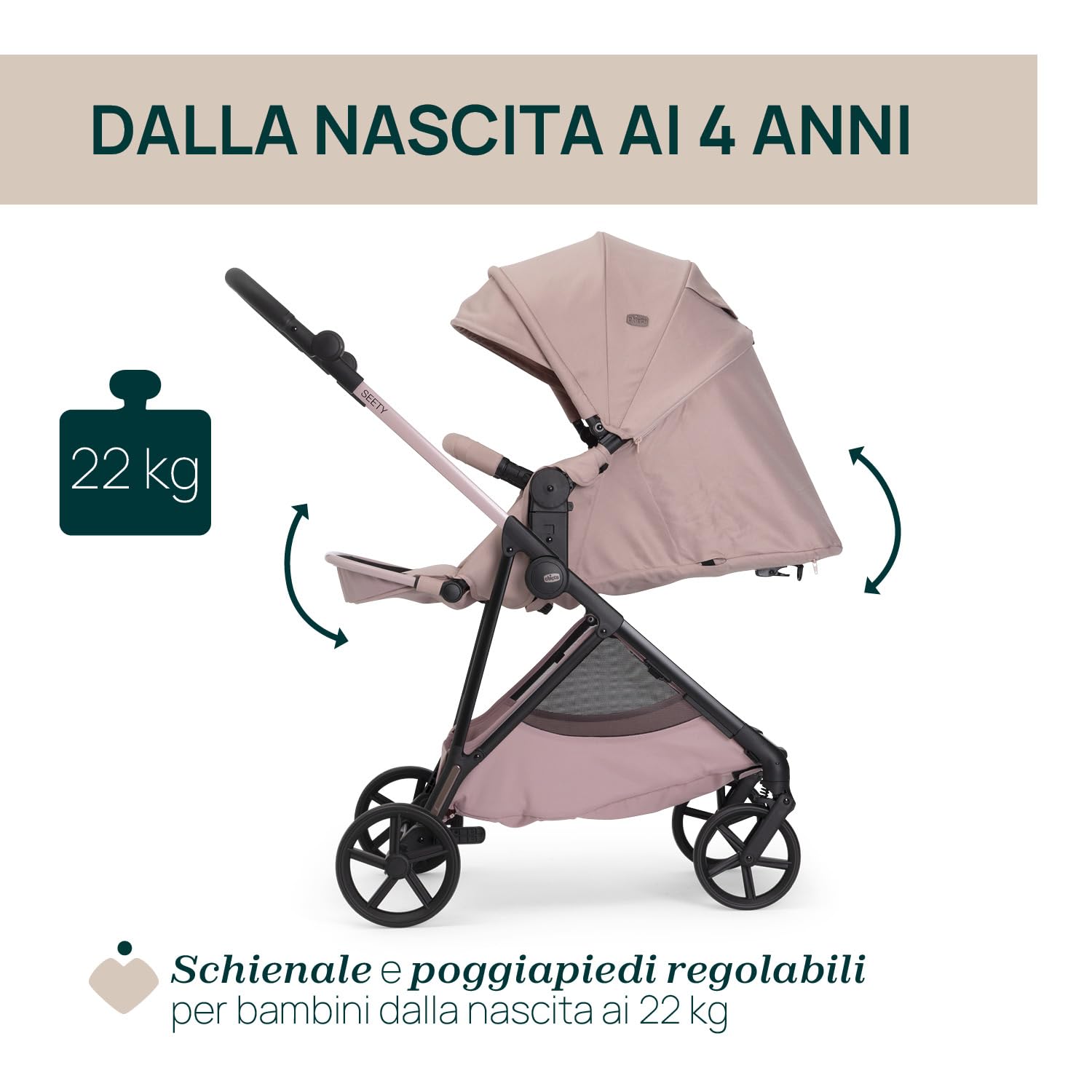 Chicco Passeggino Seety, Passeggino Leggero e Compatto Da 0 Mesi a 4 Anni, Portata Max 22kg, Passeggino Pieghevole, Schienale Reclinable, Chiusura Automatica in 1 Gesto, Capotte Parasole e Parapioggia