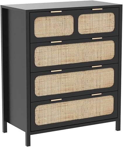 Miniatura 5 de LEVNARY Cómoda de 4 cajones para dormitorio, cajones de ratán con asas de metal, cómoda de madera para dormitorio, entrada, sala de estar, pasillo