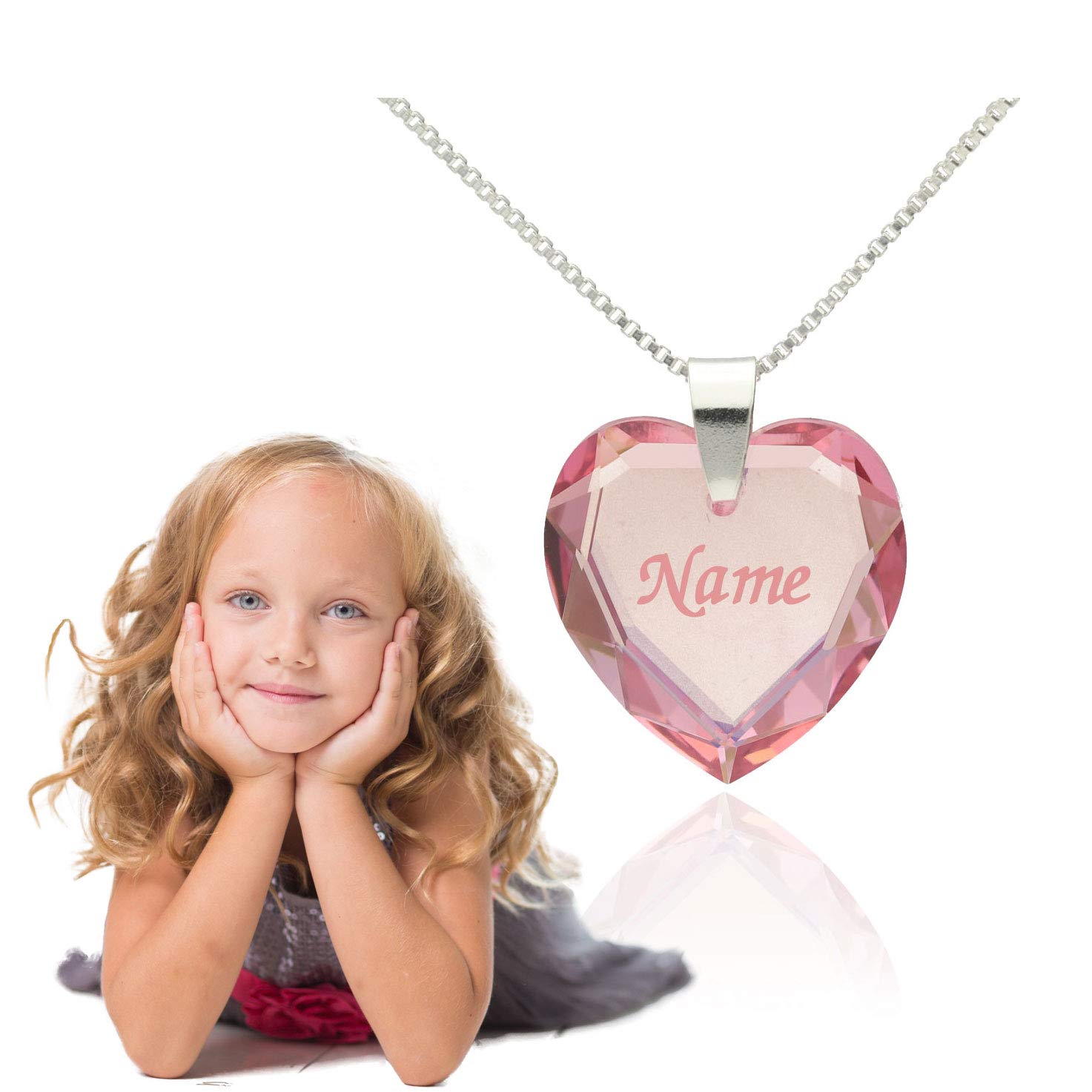 Individuelle Kinder Kette mit Rosa Herz erstellt mit Swarovski Elements Herz Anhänger personalisiert mit Namensgravur zum Kindergeburstag Geburt Kommunion oder Glücksbringer
