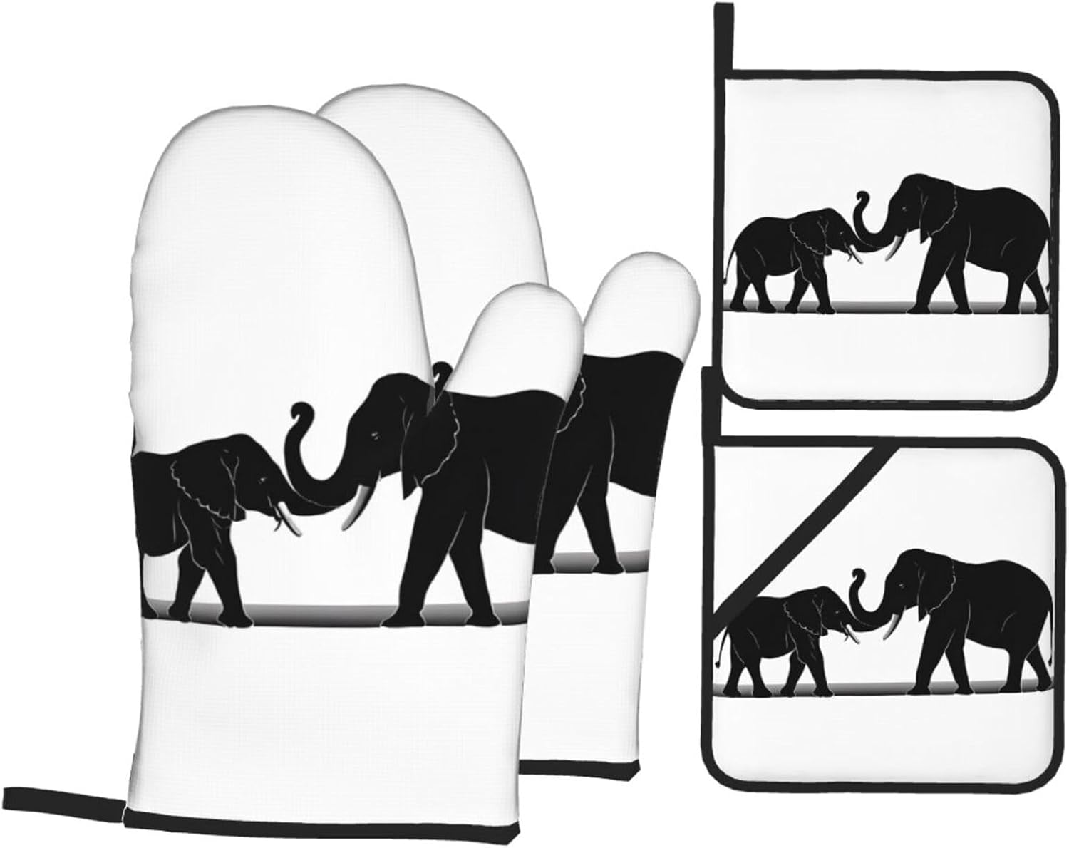 (Old Elephant and Young Elephant) Baking 4-Piece Set: 2 Oven Mitts and 2 Pot Holders Heat Resistant Waterproof Hanging Loop for Kitchen Oven Grill Housewarming Gifts