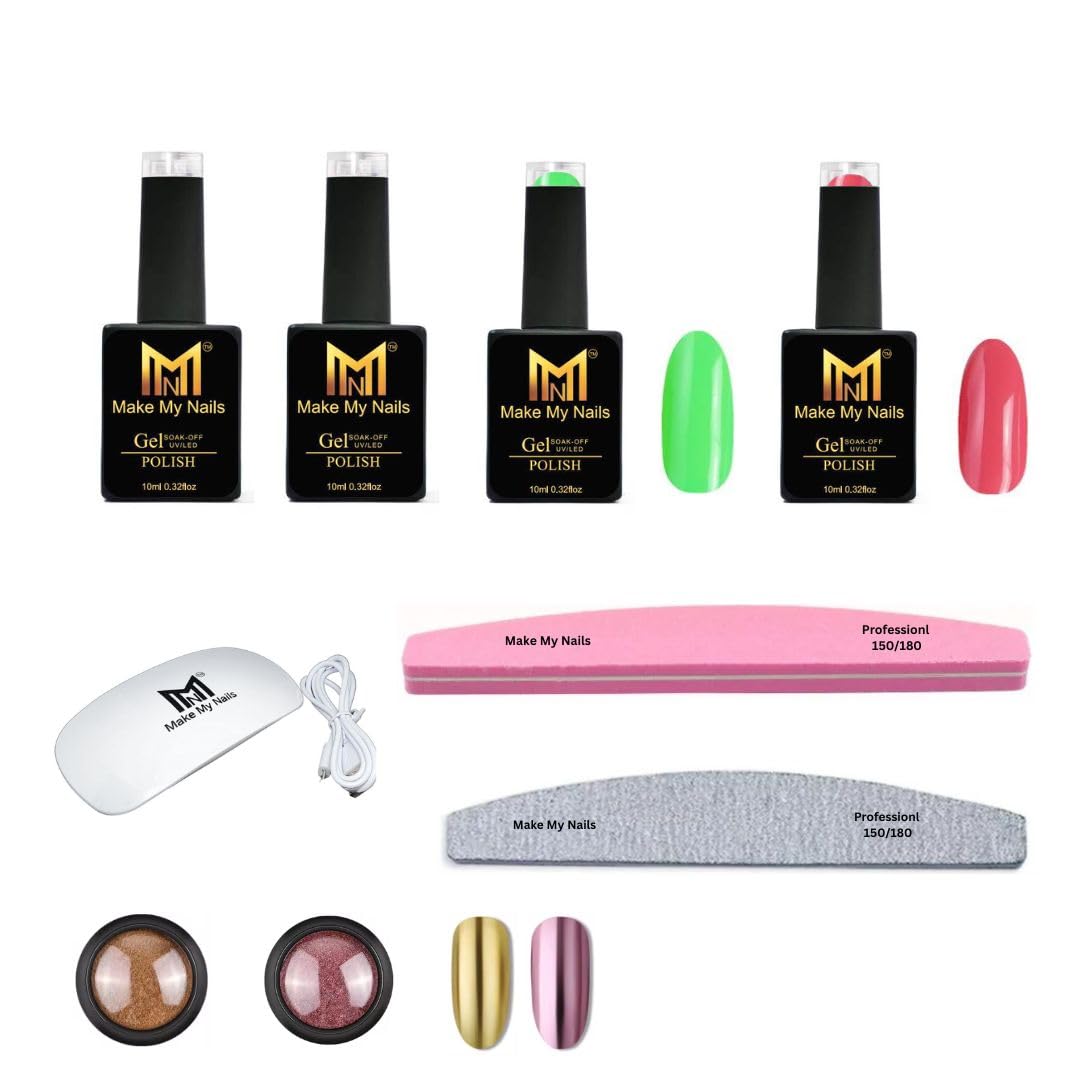Makemynails Gel Nail Polish Starter Kit, Gel Nail Kit with 6W UV LED Lamp Nail Dryer, 2 x 10ml Gel Nail Polishes, Top and Base Coat, Nail File and Buffer, Chrome Powder 2PCS-image-24