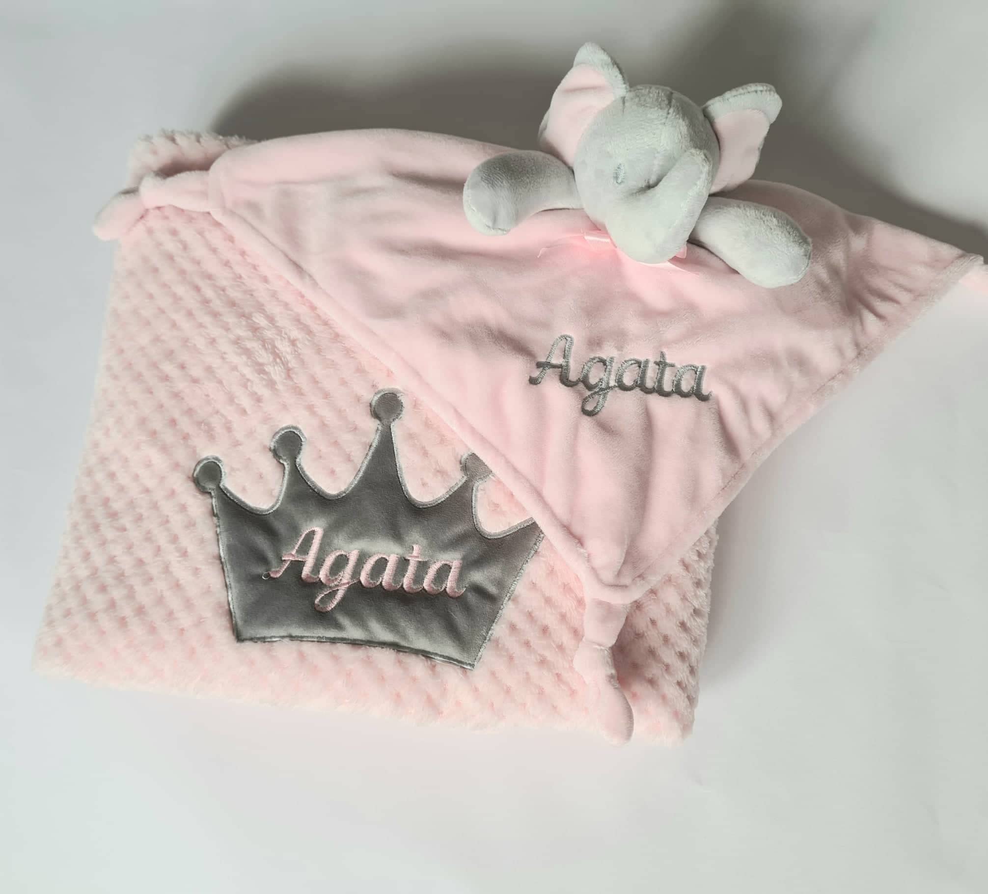 CrisArt Set nascita bimba copertina e doudou elefante con nome ricamato in argento, idea regalo battesimo tema reale, rosa (argento.f)