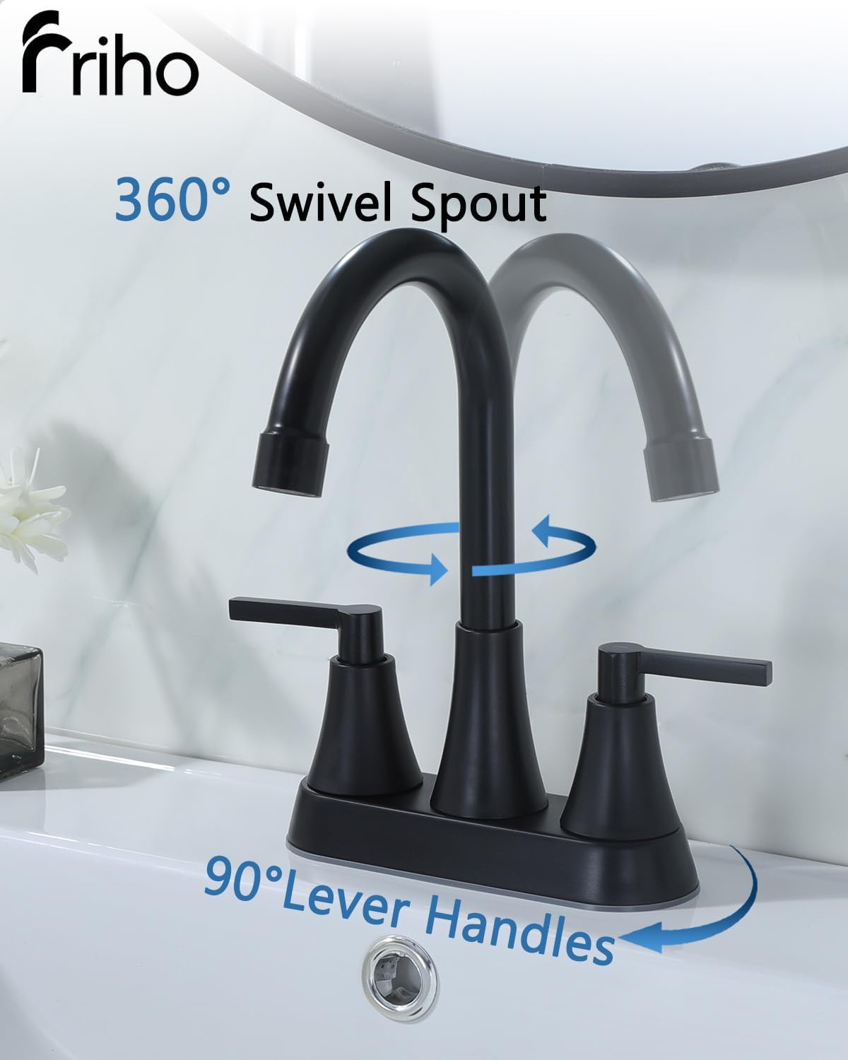 Friho 4 Inch Centerset Black Bathroom Faucet, 2 Handle Stainless Steel Matte Black Bathroom Faucet for Sink 3 Hole, Bath Faucet with Pop-up and Drain Supply Hoses for Restroom Vanity RV