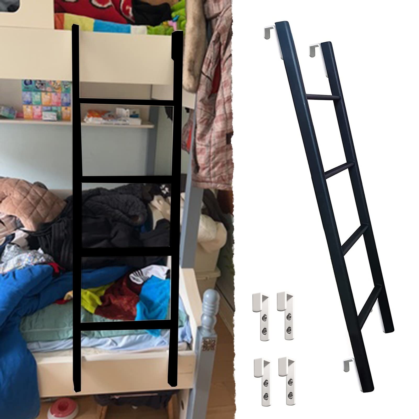 Échelle de lit superposé noire 140 cm avec 4 crochets amovibles pour mezzanine