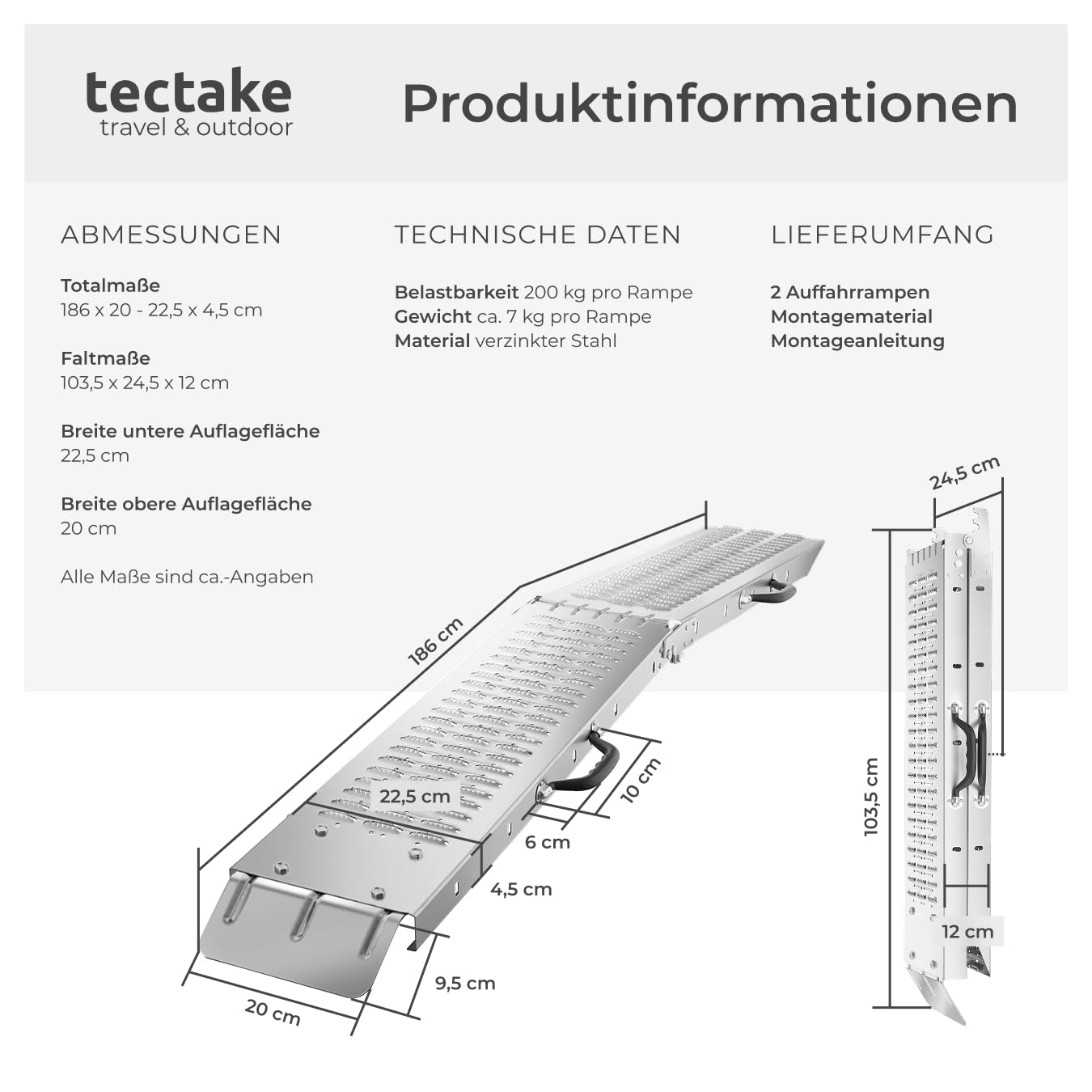 tectake® 2X Faltbare Auffahrrampen, Stahl Rampe, bis 400 kg belastbar, rutschfest, perforiert, Laderampe für Auto oder Anhänger, Auffahrrampe für Motorrad, Rasentraktor, Rollstuhl, Fahrrad (186 cm)