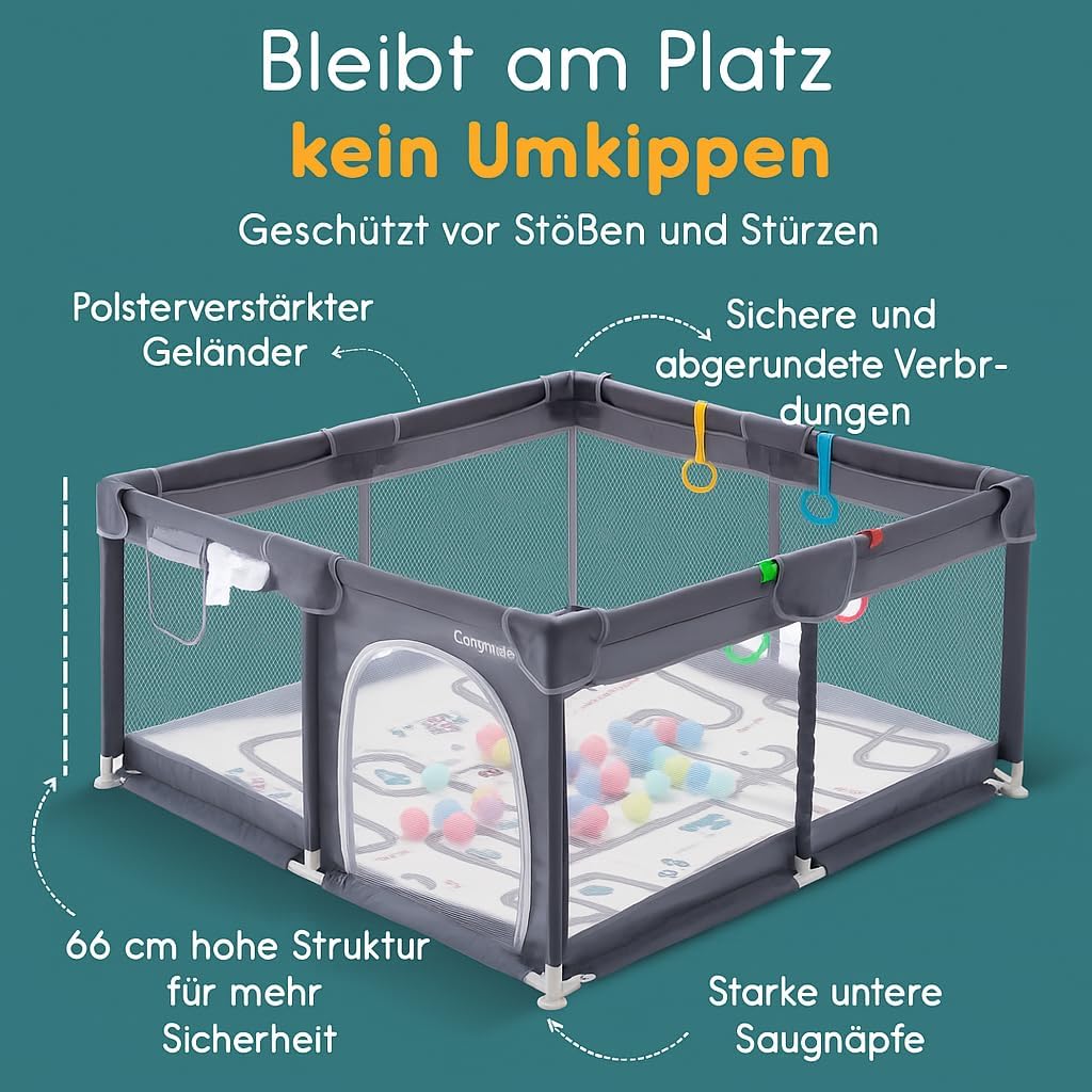Laufstall für Babys mit Matratze, Bällebad (inkl. 50 Bällen) und 4 Haltegriffen. Laufgitter 124x124 cm mit atmungsaktivem Netz, 210D Oxford-Gewebe. Kinderlaufstall, dunkelgrau.