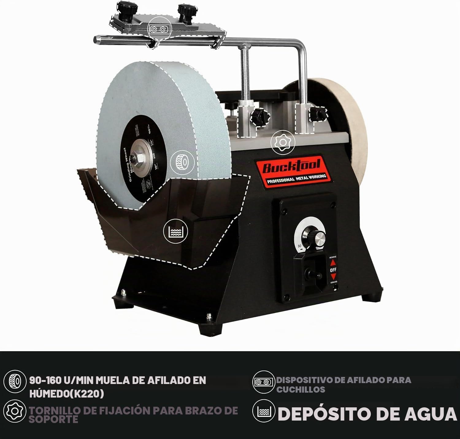 BUCKTOOL Afilador de velocidad variable de 250 mm, 90-160 rpm, sistema de afilado húmedo y seco de grano 220 refrigerado por agua en dos direcciones
