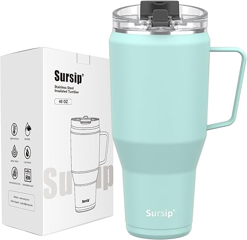 Sursip Vaso aislado de 40 onzas con mango de acero inoxidable y tapa con popote 2 en 1, taza de viaje de acero inoxidable de doble pared a prueba de