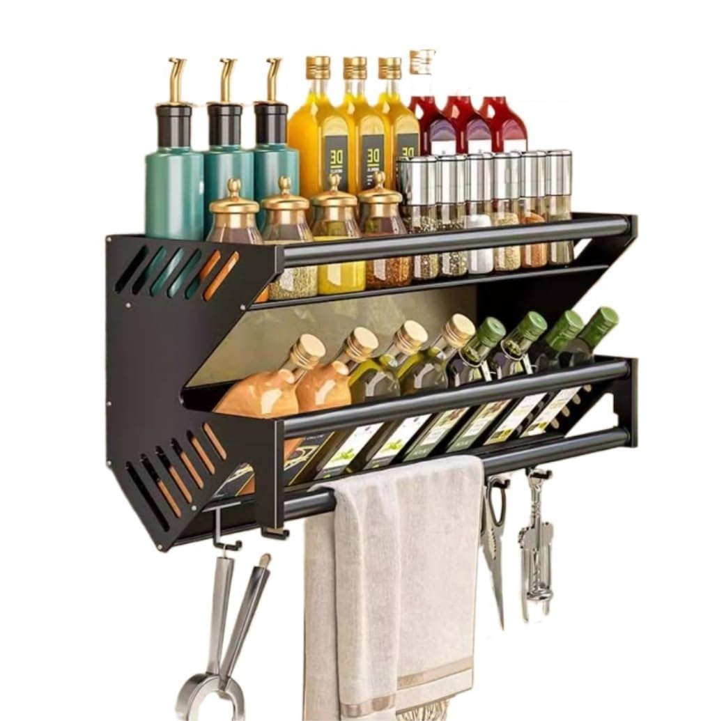 WDSOPK WallMounted 2Tier Aluminum Spice Rack Durable Kitchen Organizer SpaceSaving Condiment Shelf Stylish Spice Holder for Efficient Storage 7 3/8" Solution (Black 50cm)