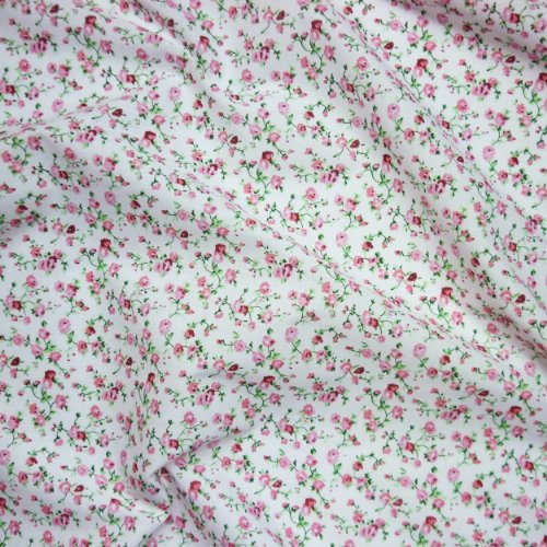 White Polycotton Fabric with Delicate Pink Flowers (Per Metre)