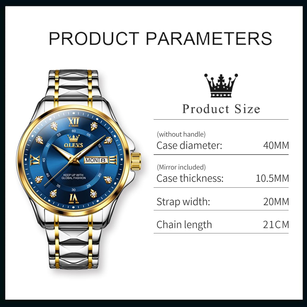 OLEVS Watch for Men Analog Quartz Two Tone Men Stainless Steel Waterproof Luminous Diamond Fashion Men's Wrist Watches Blue 3