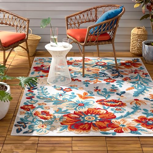 Towncountryeverydayhibiscusbloommodernfloralindooroutdoorarearuguvfaderesistanthighlowpileivoryredblue52x72  Urban Country Home Decor Town country everyday hibiscus bloom modern floral indoor outdoor area rug uv fade resistant high low pile ivoryredblue 52×72  urban country home decor
