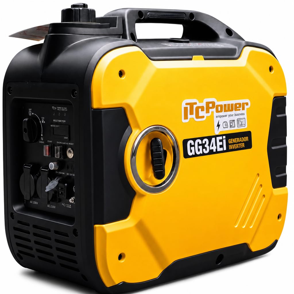 ITCPower Generador Inverter Gasolina GG34EI – Potencia 3400W Máx / 3200W Nominal – Arranque Manual y Eléctrico – 2 Tomas 16A – Bajo Ruido 64dBA – Portátil 27kg