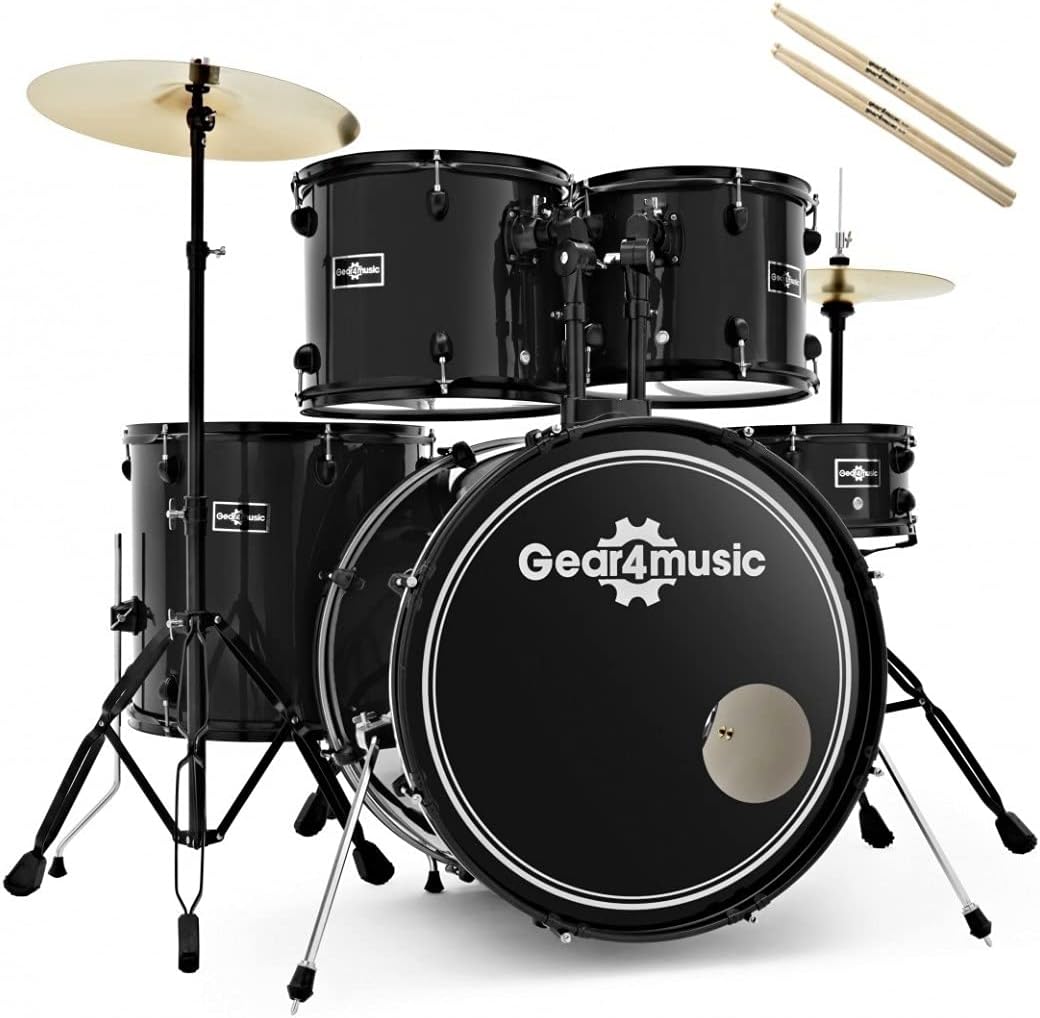 Black Acoustic Drum Kit Full Size Complete Starter Drum Set with Stool and Sticks BDK1 by Gear4music