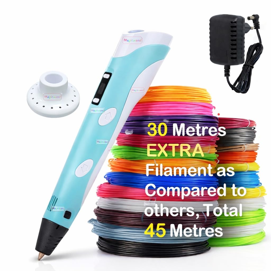 Magicwand【with Adaptor】|【LONG PRESS FILAMENT FORWARD BUTTON TO START 3D PEN】| 3D Printing Pen with LCD Display【10 Metre Each 3 Filaments EXTRA & 3 Metre Each 3 Filaments】【Pack of 1】