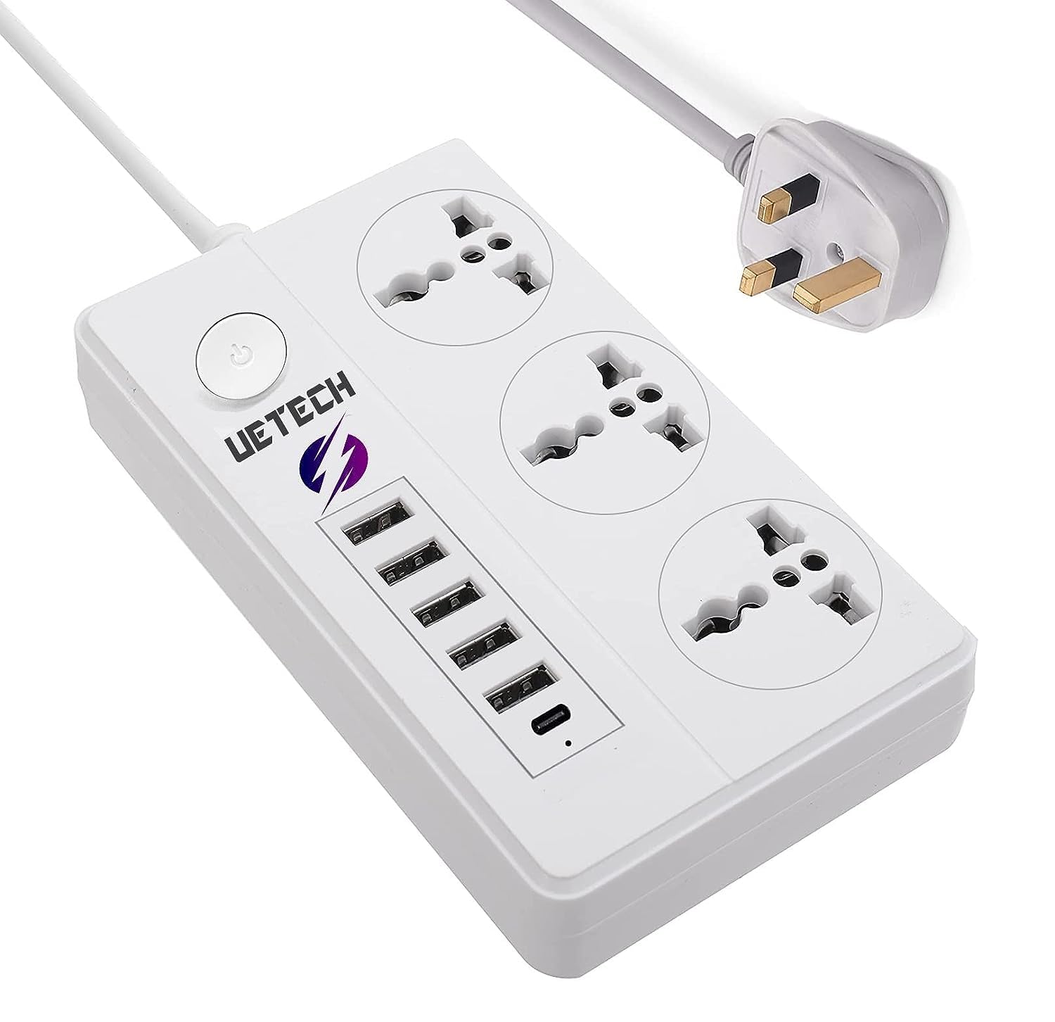 UETECH Extension Cord محول كهرباء QC 3.0 Power Socket with 6 USB Ports (2500W/3.1A), سلك توصيل Charging Socket with 2-meter Power Cord تمديد السلطة USB Charging Extension for Home Office