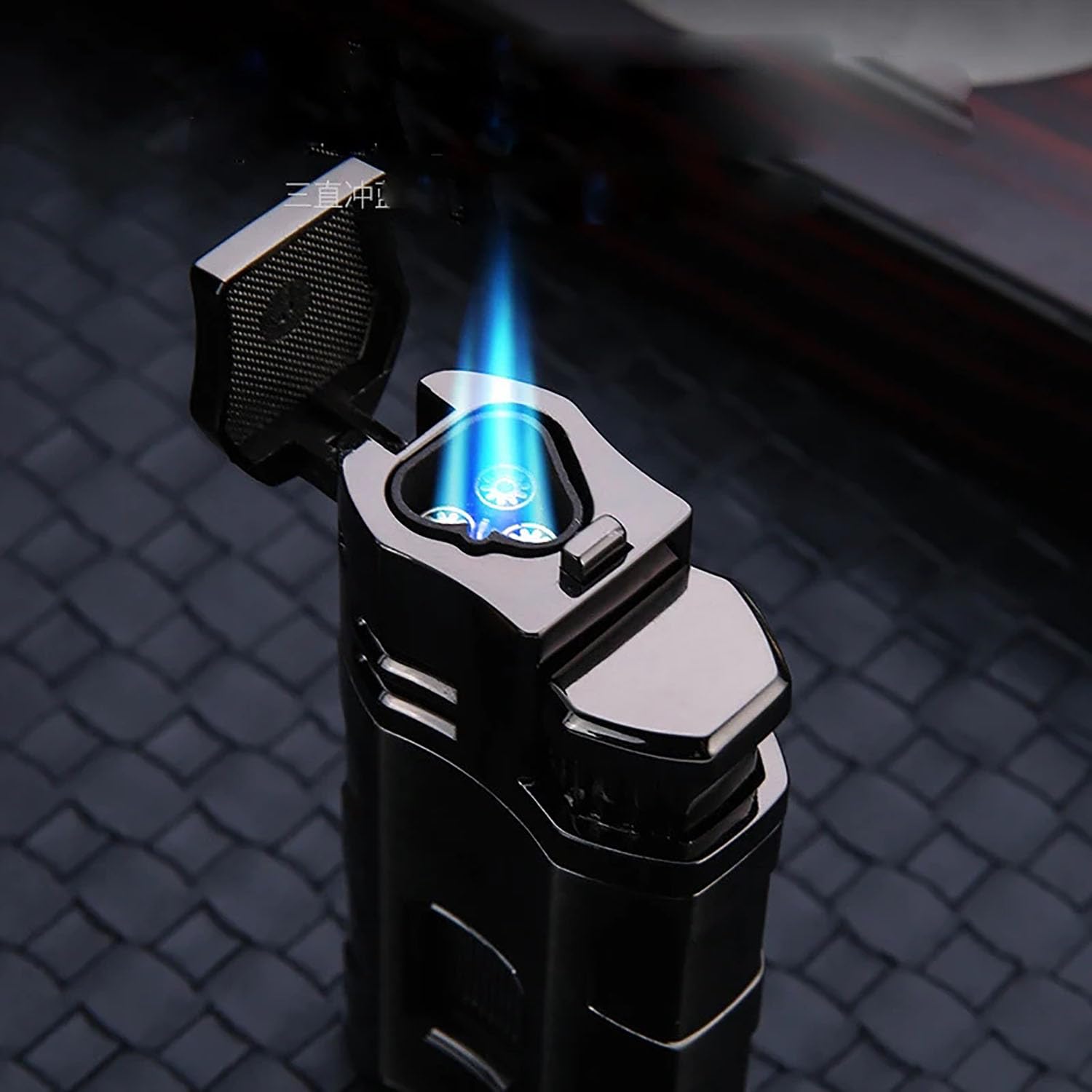 Professionnel Cigare Plus Léger Butane Rechargeable à Flamme Triple Jet avec Fenêtre à Gaz Visible pour Poinçon à Cigare (Butane Non Inclus)