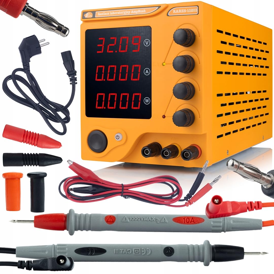 AmpRush RARES-3210 zasilacz laboratoryjny, 32 V, 10 A, z wyświetlaczem cyfrowym, zestaw przewodów pomiarowych, silikonowy uchwyt 100 cm, precyzyjna regulacja napięcia i prądu CC/CV, warsztat