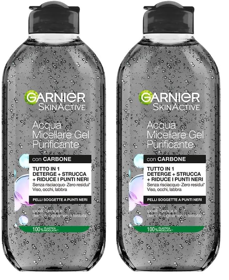 Garnier SkinActive Acqua Micellare Gel Purificante con Carbone, Detergente e Opacizzante, Per Tutti i Tipi di Pelle, Senza Risciacquo, Formula Vegana, 400 ml (Confezione da 2)