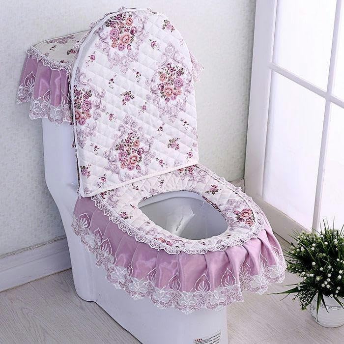 Toilet seat covers Lace Embroidery Toilet Lid Covers, 3pcs/Set Thicken Warm Soft Embroidery Flowers Toilet Lid Cover Set Toilet Lid & Tank Covers Toilet Seat Cover Toilet Seat Cushion Pads(Purple)