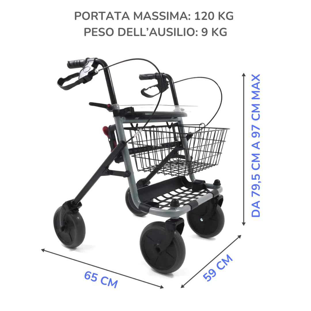 Deambulatore Girello per Anziani e Disabili Pieghevole e Regolabile con 4 Ruote, Rollator con Freni di Stazionamento, Seduta e Cestino per esterni e interni, Alluminio