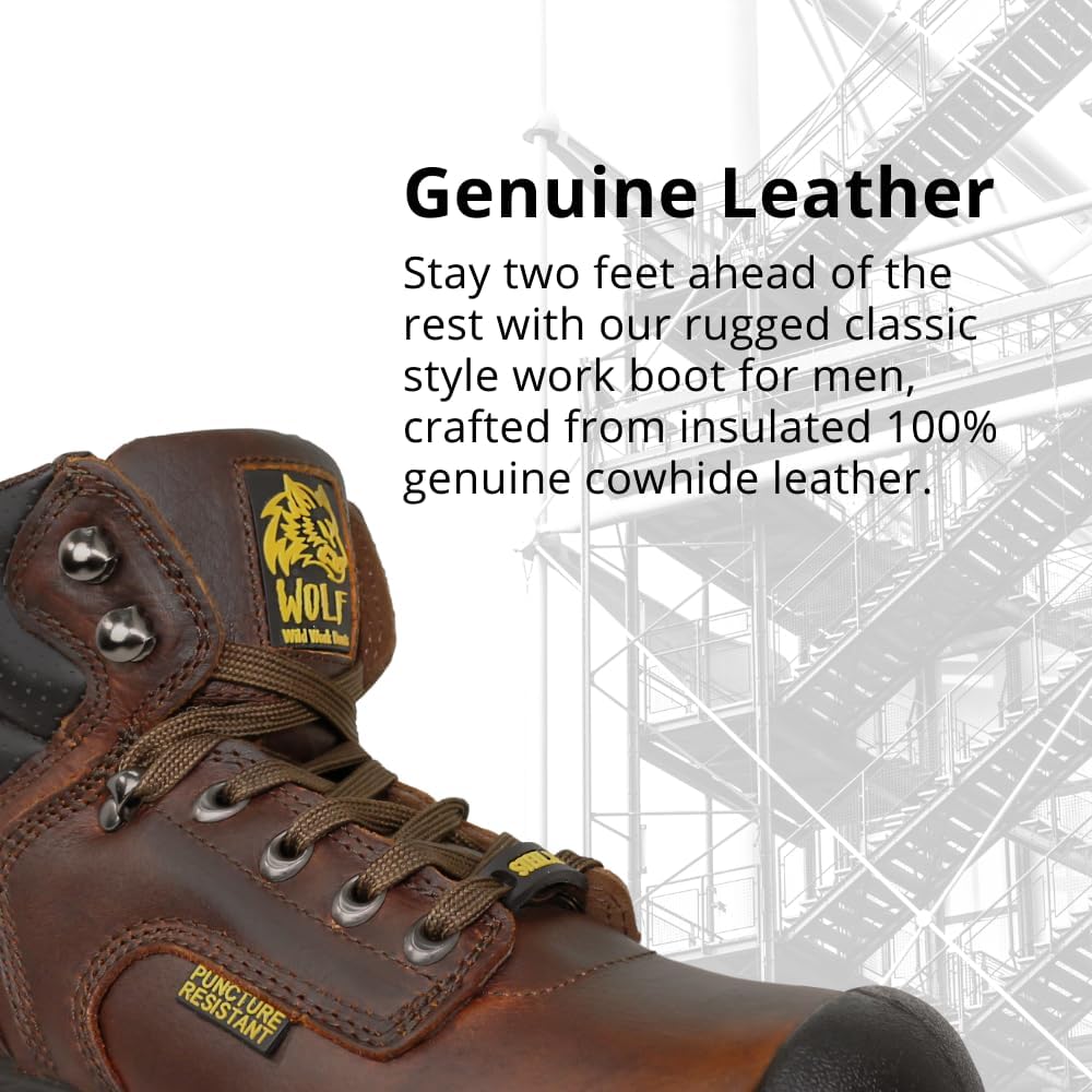 Wolf Work Boot | 100% Genuine Upper Leather | Oil, Heat, Chemical, Impact | Electrical Hazards | Non-Slip Rubber Sole | Tan Nubuck Plain Toe | Padded Collar | Construction | Industrial PPE