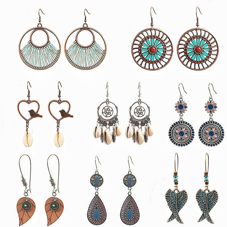 8 Pairs Bohemian Earrings for Women Vintage Boho Dangle Drop Earrings Geometric Teardrop Earring Retro Metal Hollow Hoop Earrings Ethnic Style Jewelry Earrings Set