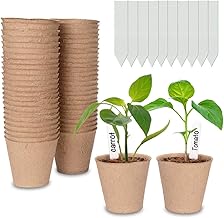 50 Pack 8cm Round Fibre Pot Seed Seedling Pot with 50pcs Plastic Plant Lables, Biodegradable Herb Plant,Flower,Seed Starter Pots Kits, Garden