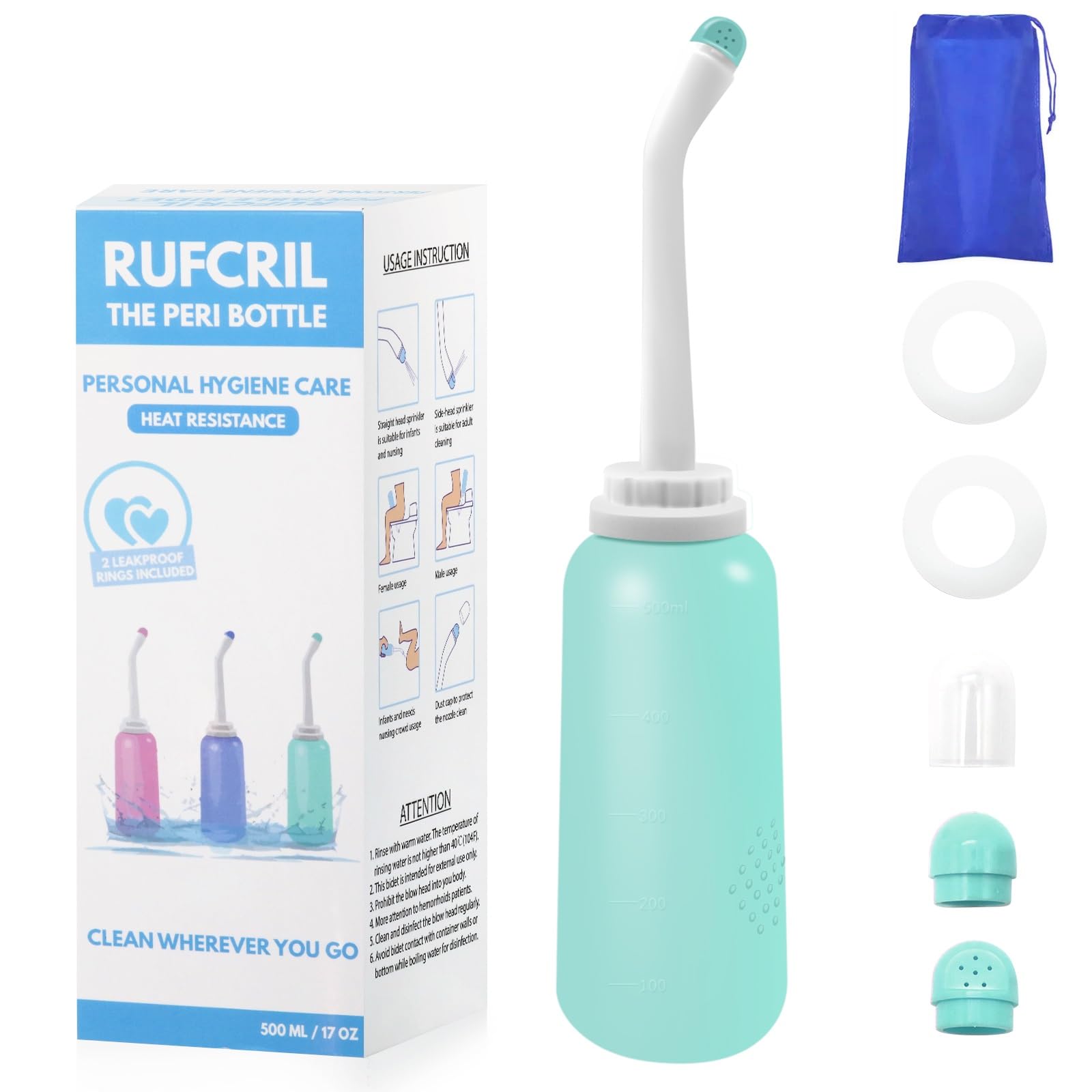 RUFCRIL Portable Travel Bidet with Carry Bag, TPE Material for High Temperature Resistance, 500ml Capacity with 2 Sealing Rings, Essentials for Postpartum Perineal Care,Hemorrhoid Treatment(Green)