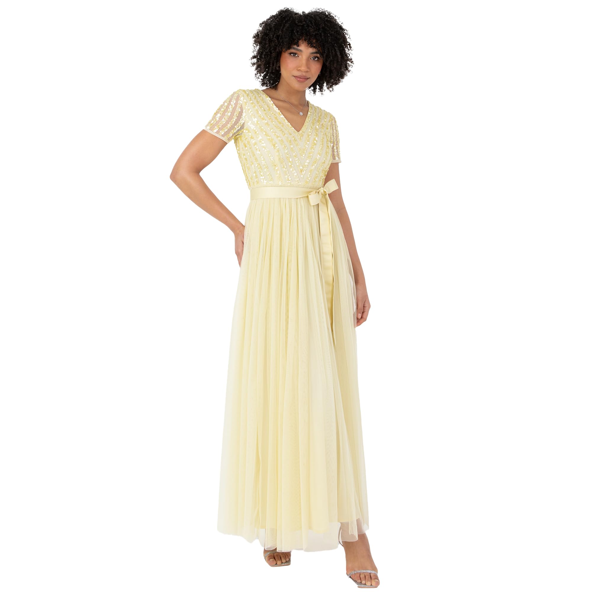 Maya Deluxe Damen Maya Deluxe Maxi Dress for Women Ladies Bridesmaid V-Neck Ball Gown Short Sleeves Long Elegant Empire Waist Wedding Brautjungfernkleid (1er Pack)