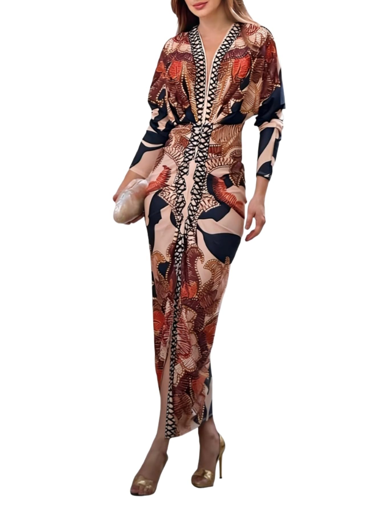 CHICME Womens Bodycon Long Sleeve Dress Casual Plunge V Neck Ruched Midi Dress Fall Bodycon Slit Office Work