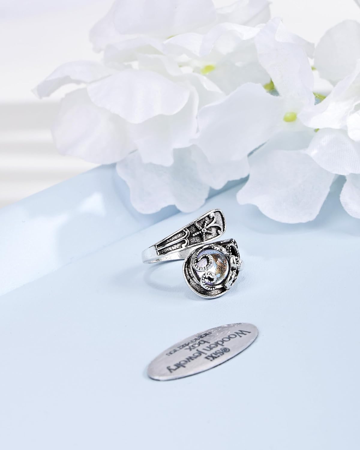 Silver Moonstone Spoon Ring for Women - Adjustable Beach Ring with Floral Carving, June Birthstone Thumb Ring for Gift - Image 6