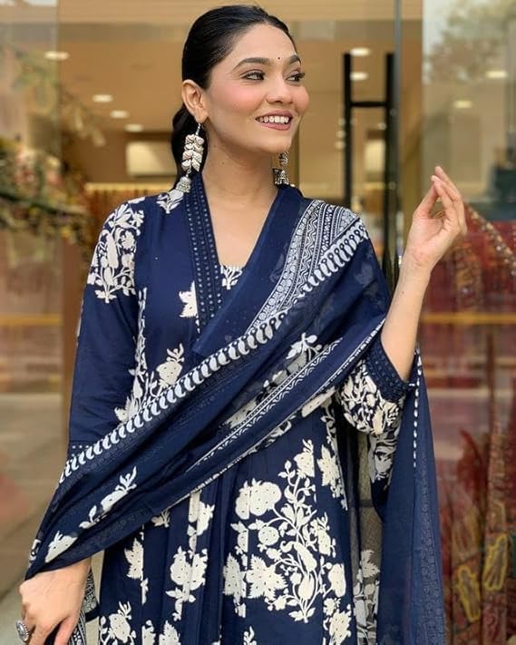 Kurta estampada Anarkali de mezcla de rayón para mujer con palazzo y dupatta festiva para boda, fiesta