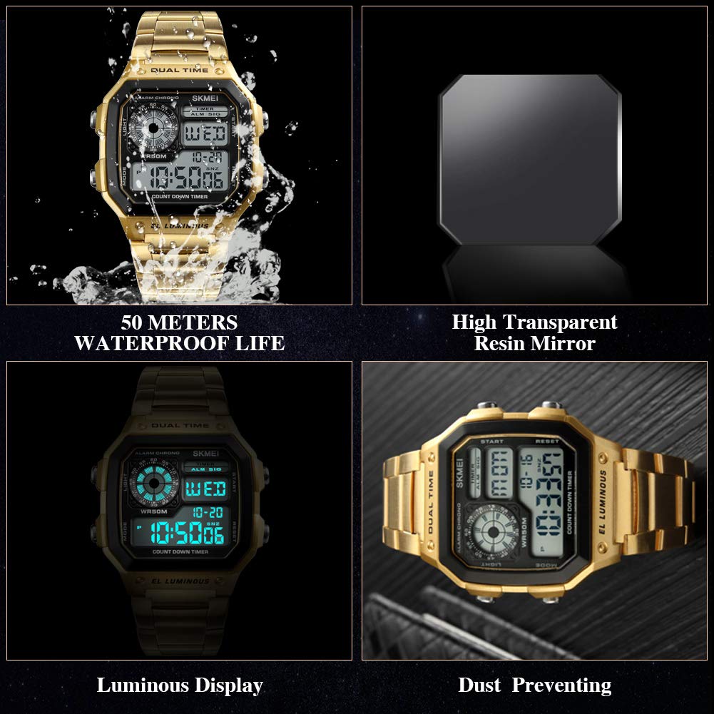 Reloj Hombres Lujo,Relojes Digitales de Lujo, Reloj de Pulsera para Hombre Cuadrado Relojes de Deportes al Aire Libre con Calendario de Alarma Impermeable Retroiluminación del Tiempo (Gold)…