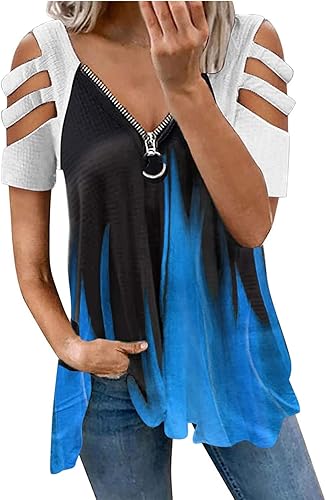 Women Blouses and Tops Fashion, Womens Zip Up V Neck Tops Short Sleeve Tee Trendy Casual Tunic