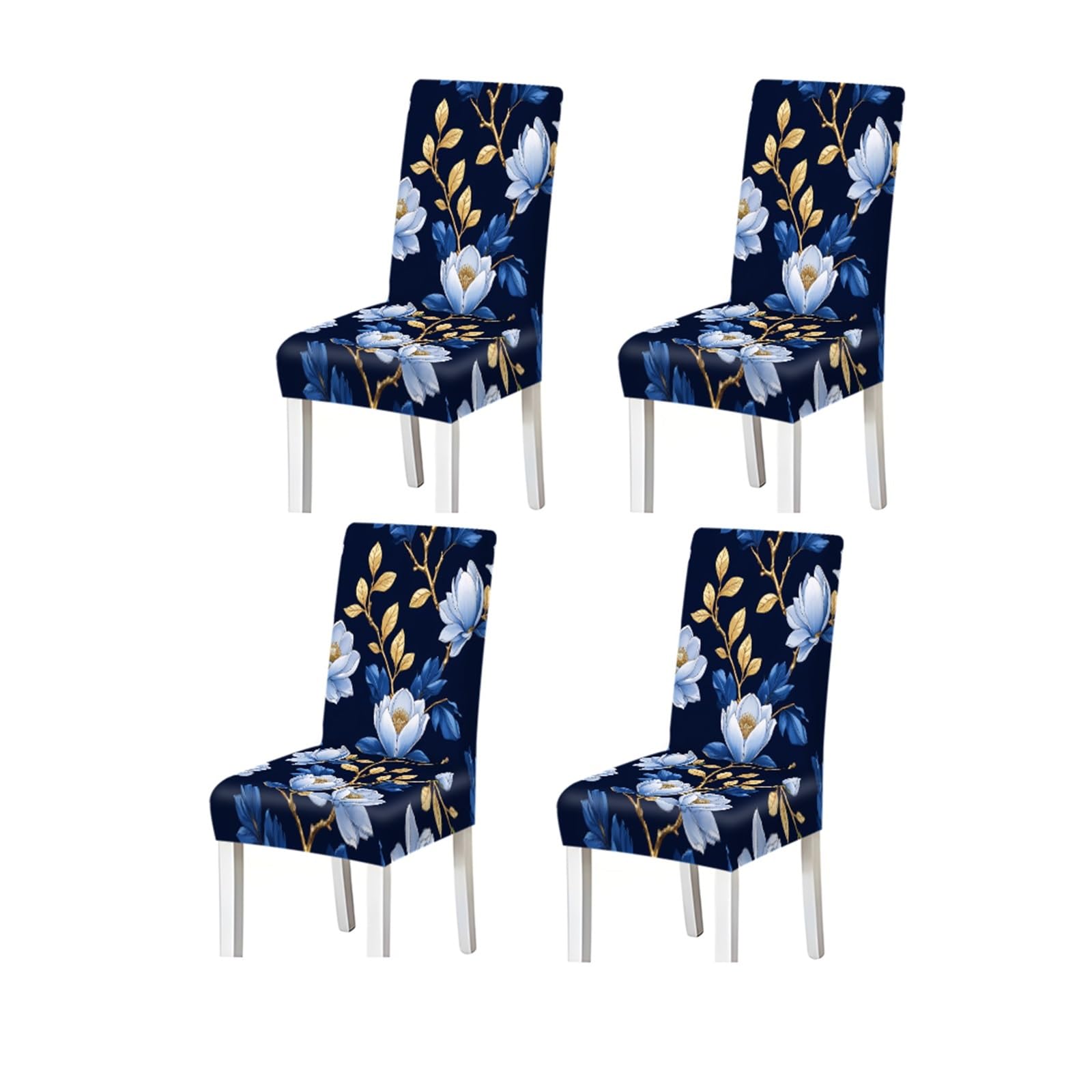 FZJKGH Navy Blue Gold Magnolia Floral Print Dining Chair Covers, Stretch Slipcovers For Kitchen Dining Room Wedding Party, 2/4/6PCS Removable Stretch Slipcovers for Dining Chairs(4PCSChair cover)
