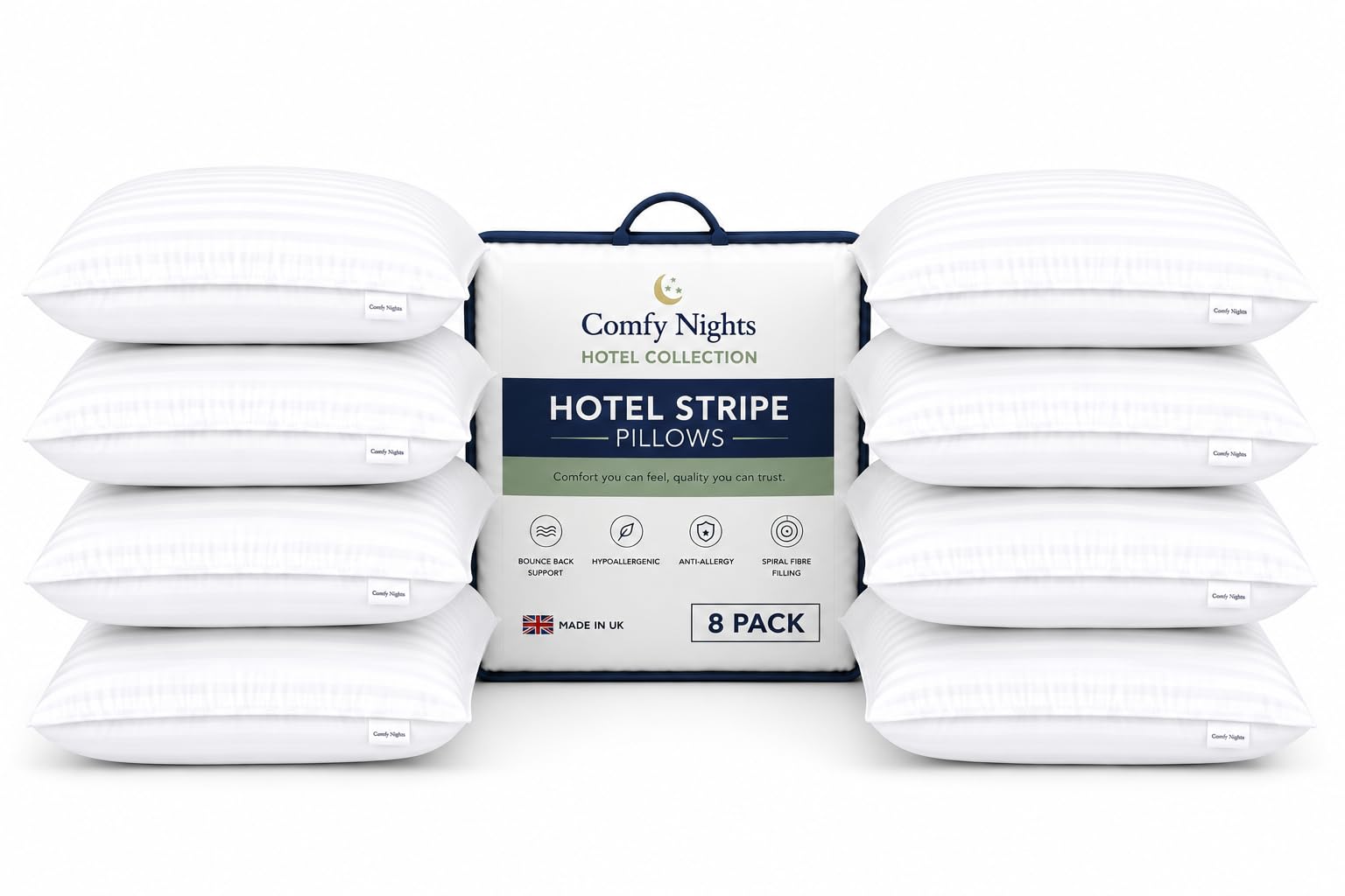 Comfy Nights Pillow 8 Pack Hotel Quality Stripe Bed Pillows Hypoallergenic & Anti Dust Mite Resistant Firm Support Side Sleeper Bounce Back Pillow (Pack of 8)