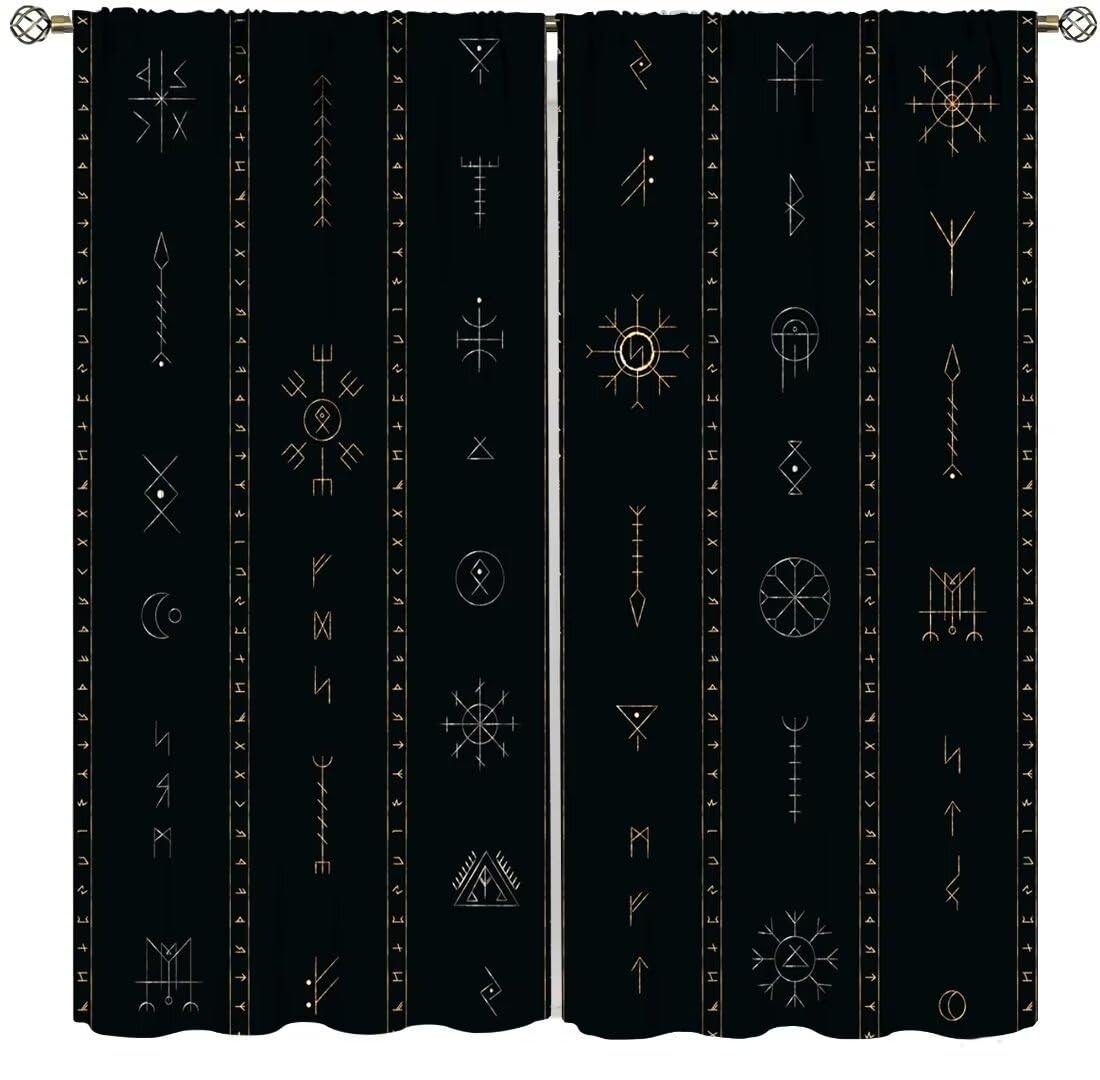 Viking Window Curtains for Bedroom,Vintage Tribe Mystic Totem Ancient Rune Print Window Treatments for Living Room Kitchen Drapes 2 Panel Set,Total