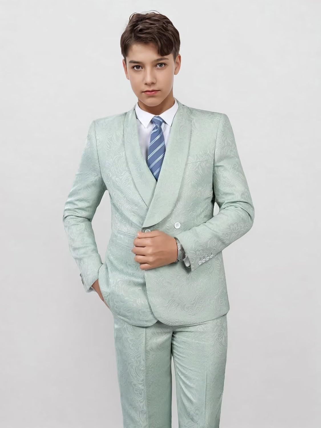 Boys Tuxedo Suits Jacquard Shawl Lapel Suits 2 Piece Slim Fit Suit for Boys Two Buttons Jacket Wedding Blazer Pants