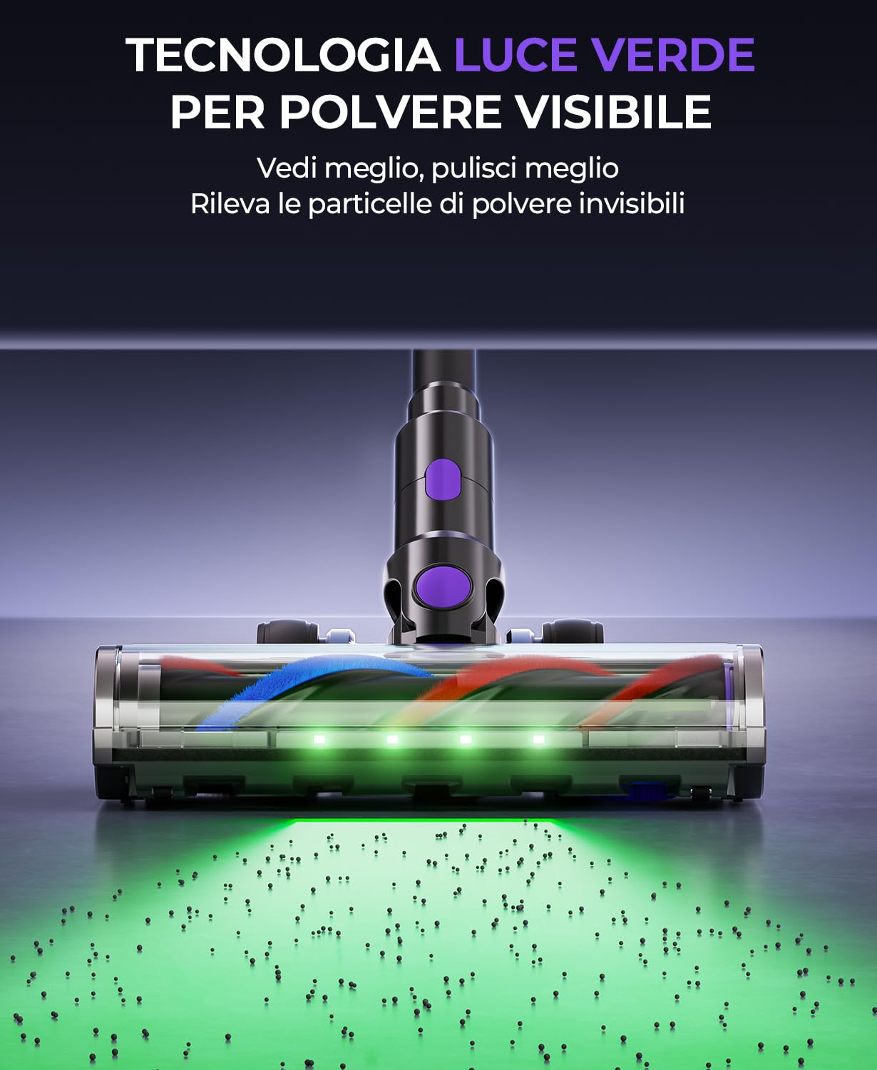 Aspirapolvere Senza Fili Potente, 55KPA/580W/70Min Scopa Elettrica Senza Fili con Display Intelligente e Anti-Avvolgimento, Luce LED Verde, Aspirapolvere potente per Pavimenti/Tappeti/Peli Animali