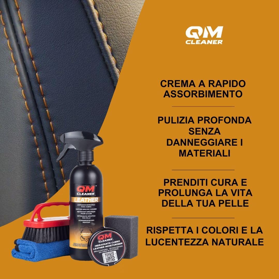 QM Cleaner Kit Pulizia e idratazione della Pelle | Cura e Pulizia Tappezzerie Auto, Poltrone Divani in Pelle. Pulisce e idrata (Kit Pelle)