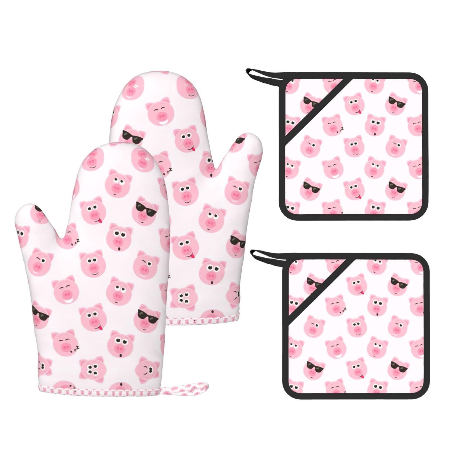 Funny Pink Pig Face Printed Cooking Mitts and Pot Holders 4 Pcs, Heat Resistant Oven Gloves with Hanging Loop Chef