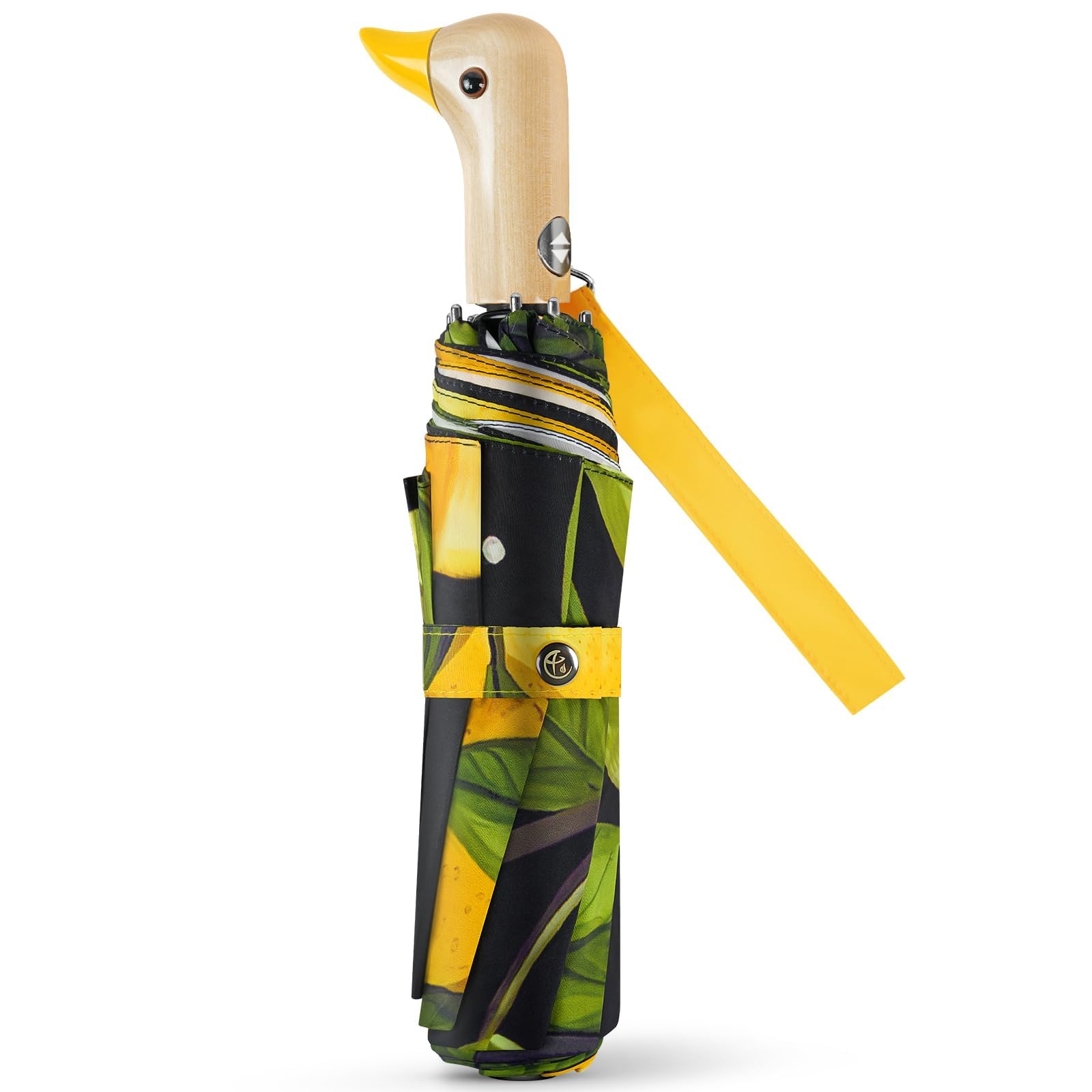 Natuquebrela Cute Duck Umbrella Automatic - Compact Pretty Pocket Size Strong Duck Collapsible Umbrella Yellow Wooden Handle for Women