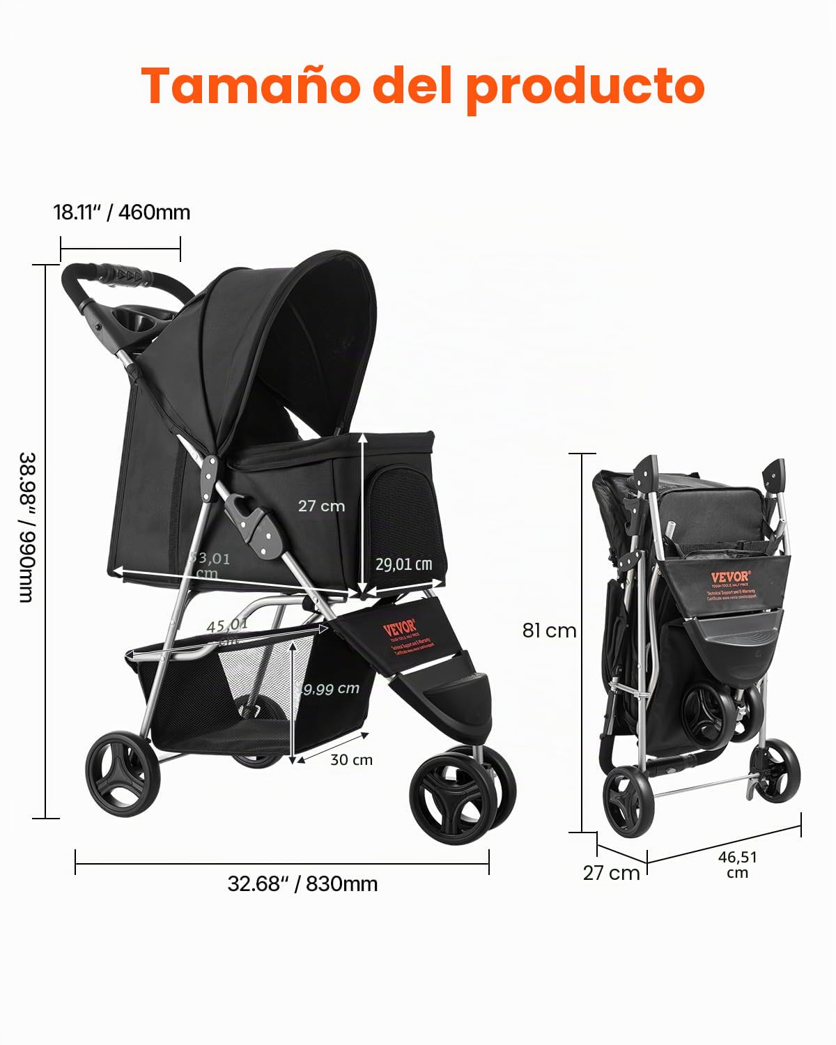 VEVOR Cochecito para Mascotas Capacidad 16kg Carrito Plegable para Perros de 3 Ruedas con Ventana de Malla y Portavasos Cochecito Portátil Tela Oxford 600D con Freno para Mascotas Pequeñas Medianas