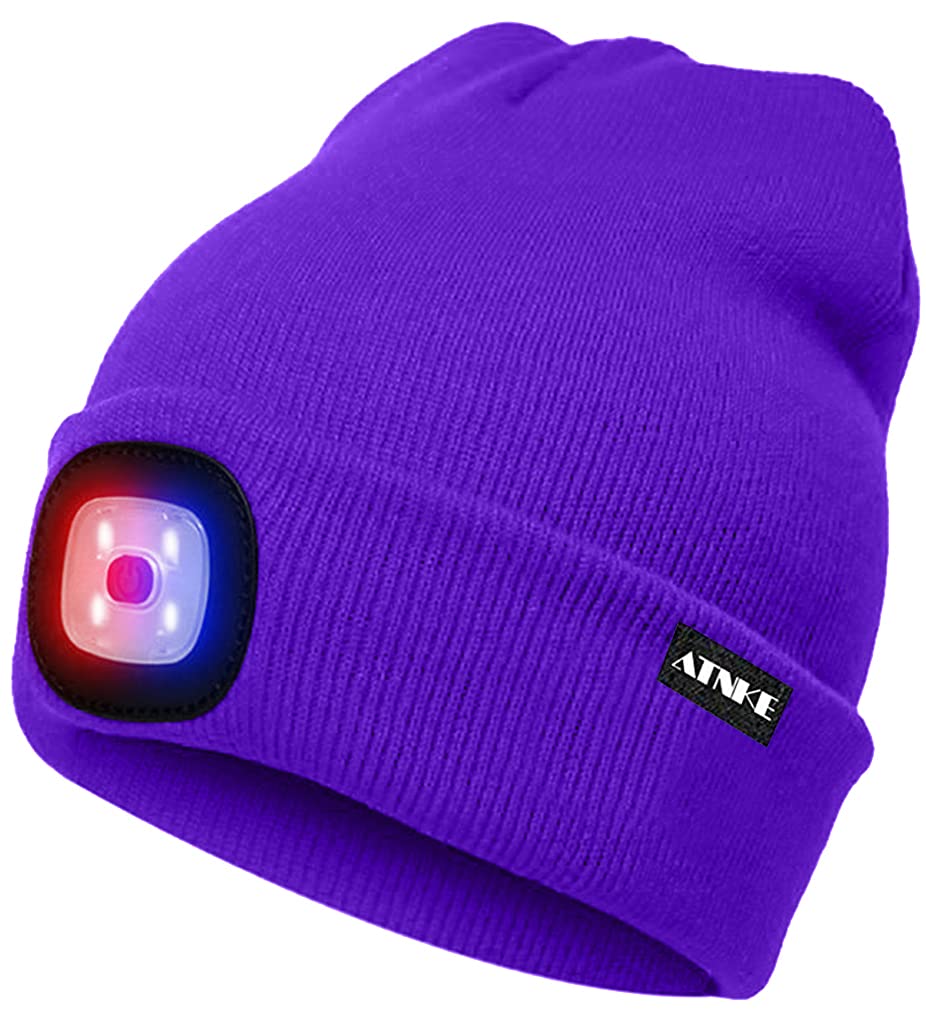 Atnke Men's Purple Led Lighted Beanie Cap,Usb Rechargeable 4 Led Red And Blue Glow Flashing Running Headlamp Hat Winter Warm Gifts For And Wo