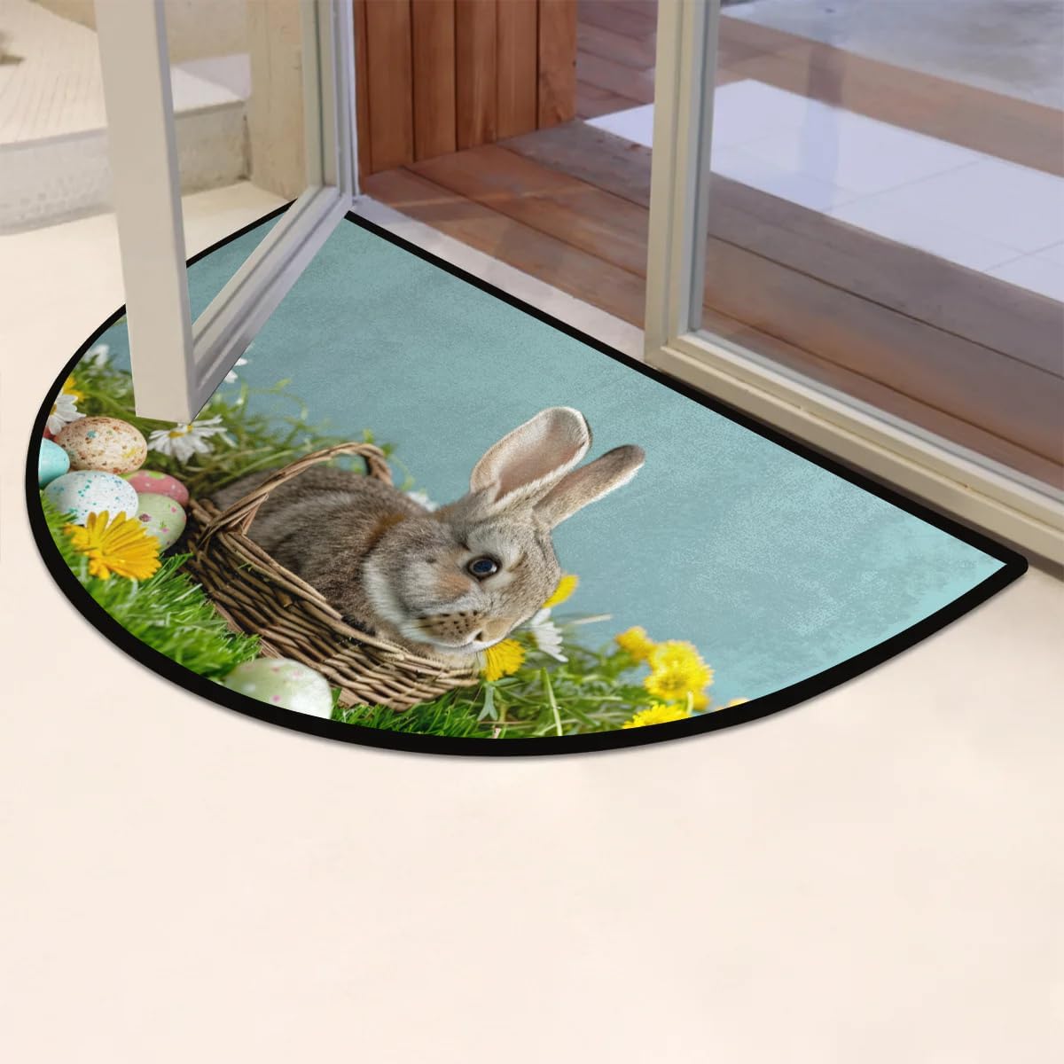 cfpolar Half Round Door Mat Eggs Bunny Flower Non-Slip Semi Circle Area Rug Washable Semi Circle Floor Rug for Indoor Outdoor Living Room Bathroom Kitchen Patio Hearth Rugs Home Decoration