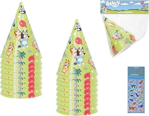 Unique El paquete de suministros para fiesta de cumpleaños Bluey incluye sombreros de cono de fiesta, 16 unidades