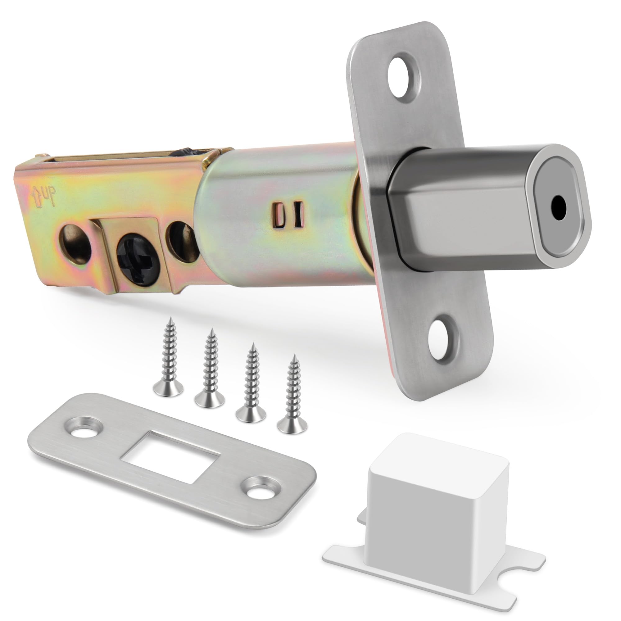 Moquin Adjustable 2-3/8" or 2-3/4" Deadbolt Latch, Single Cylinder Deadbolt Replacement Latch, Satin Nickel Dead Bolt Latch with Strike Plate